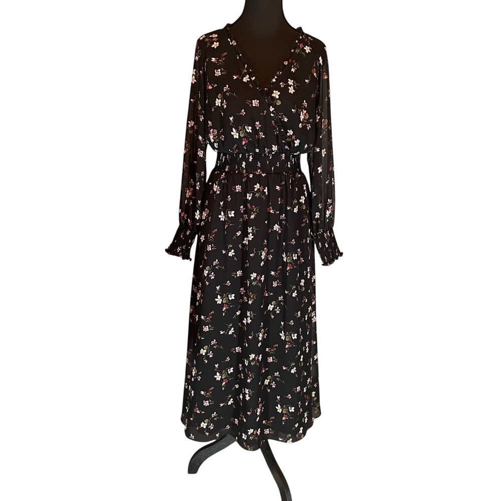 Black Floral Chiffon Smocked Midi‎ Dress Ruffle Long Sleeve M Whimsygoth Grunge